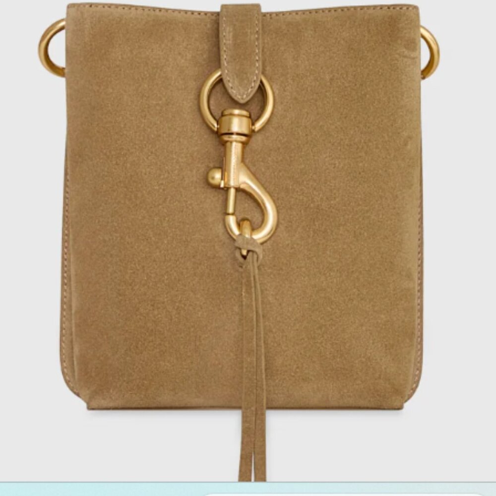 Rebecca Minkoff Suede Crossbody Bag - Megan Mini Feed With Studded Strap TAN